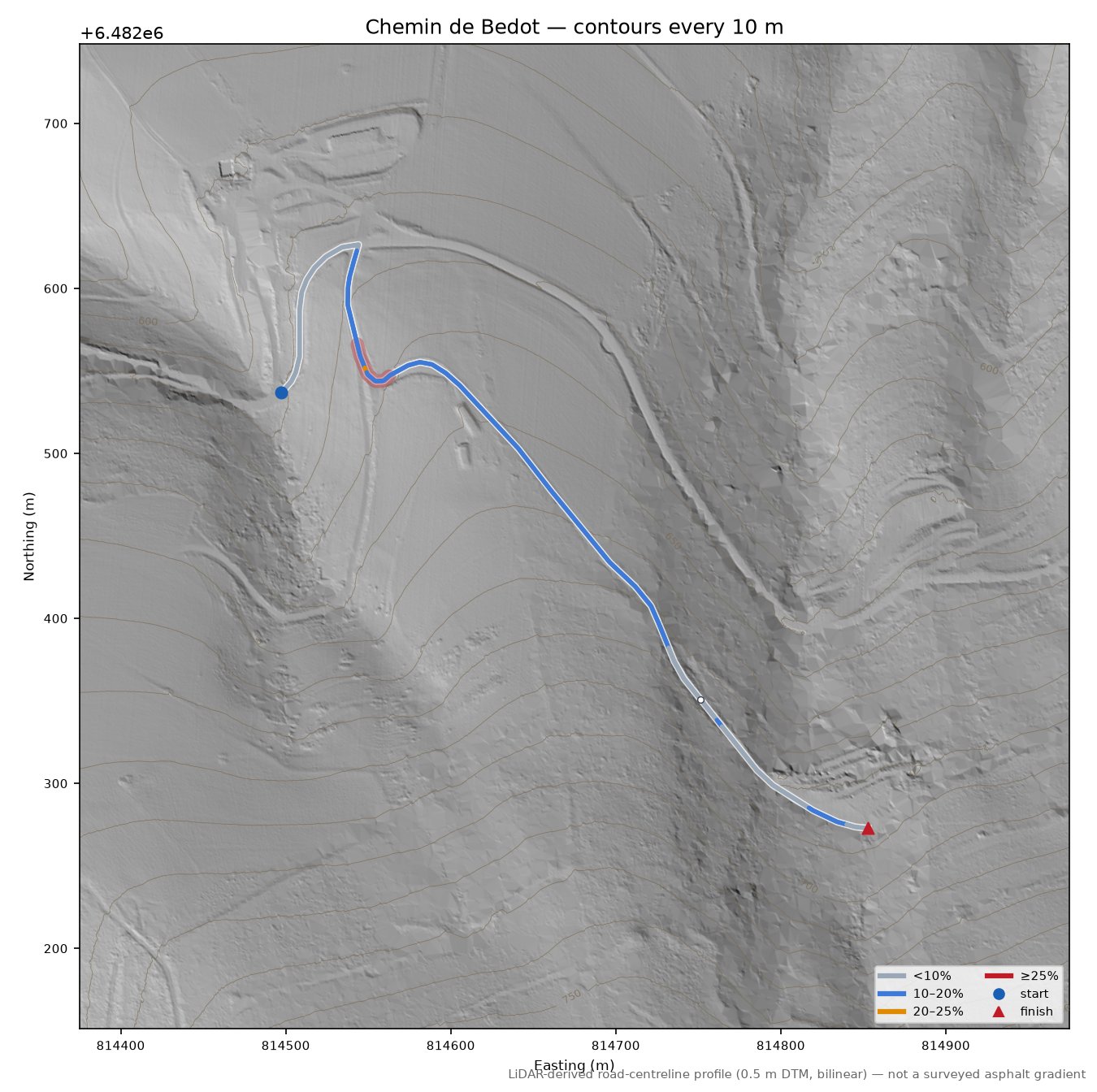 Chemin de Bedot LiDAR hillshade map with contours
