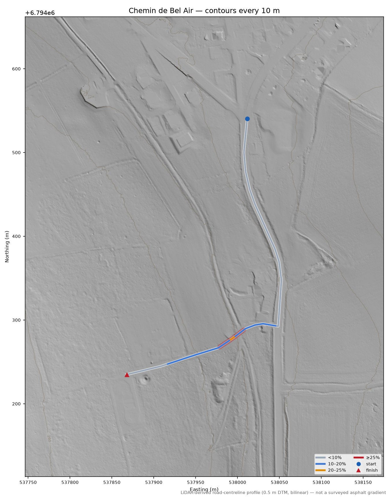 Chemin de Bel Air LiDAR hillshade map with contours