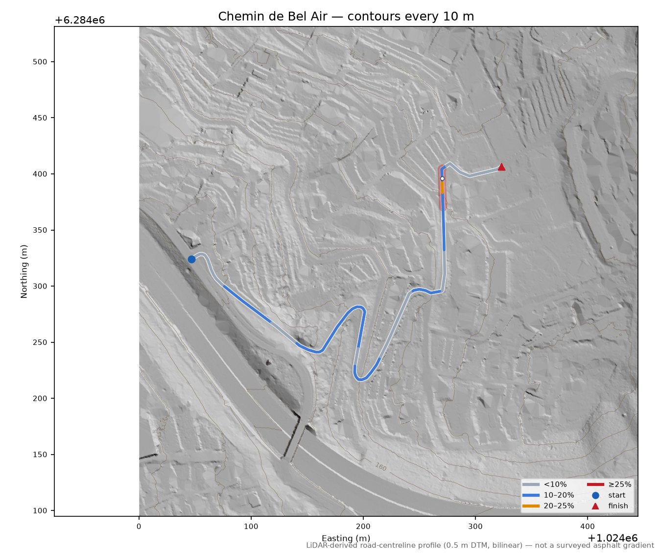 Chemin de Bel Air LiDAR hillshade map with contours