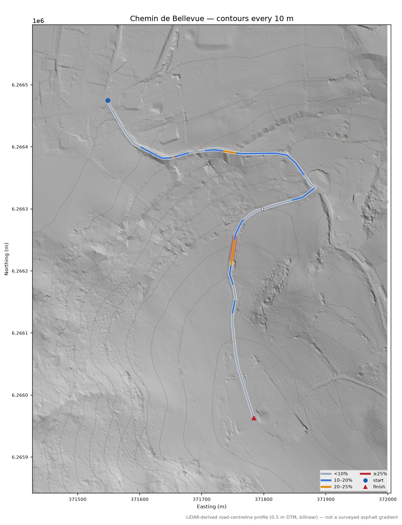 Chemin de Bellevue LiDAR hillshade map with contours