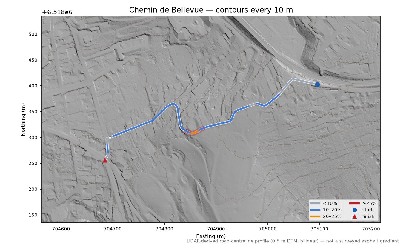 Chemin de Bellevue LiDAR hillshade map with contours