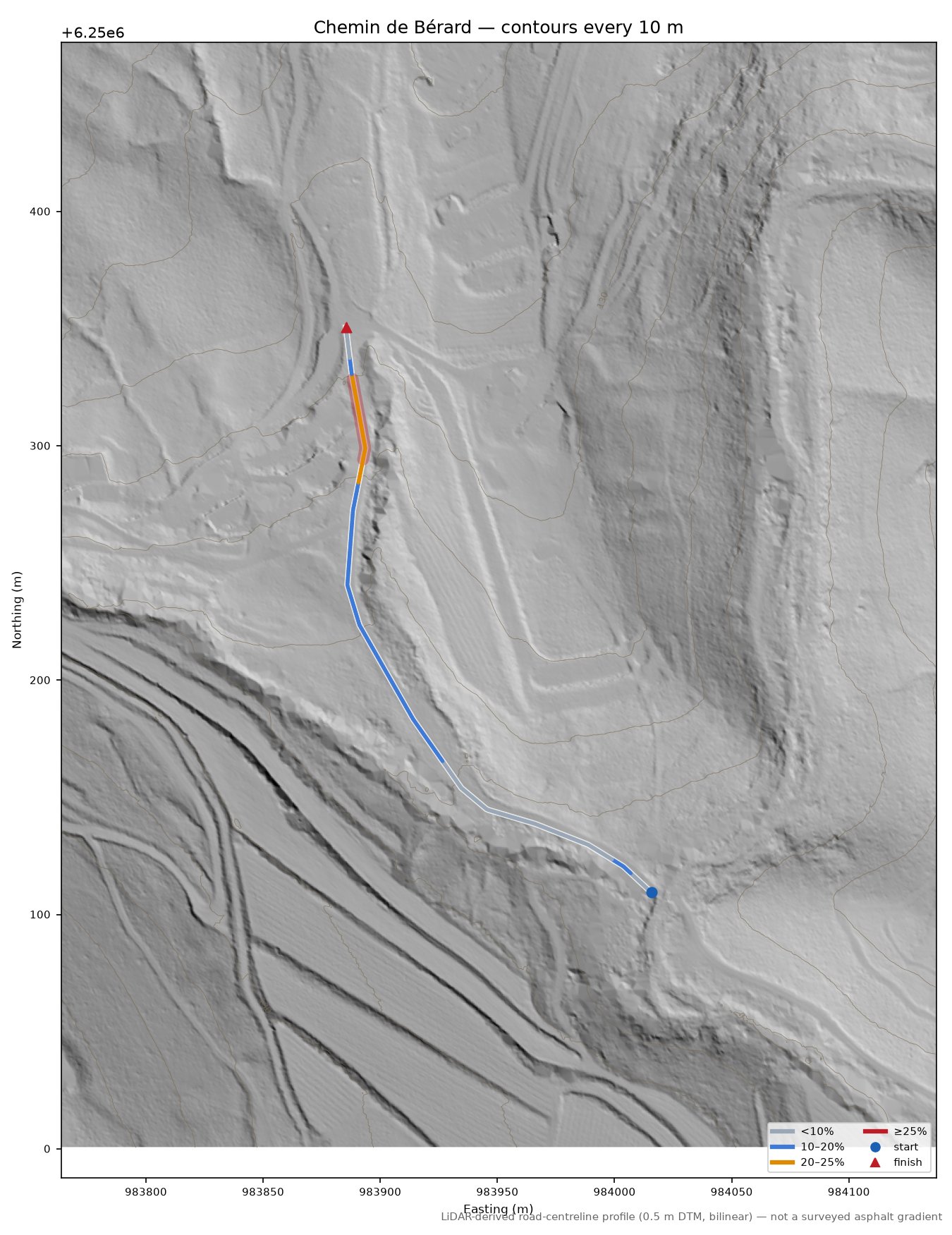 Chemin de Bérard LiDAR hillshade map with contours