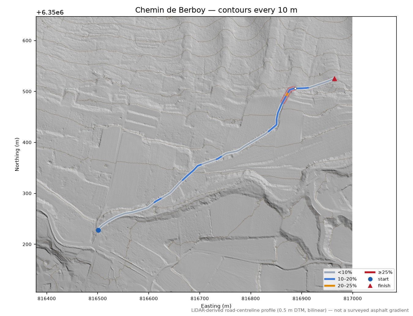 Chemin de Berboy LiDAR hillshade map with contours