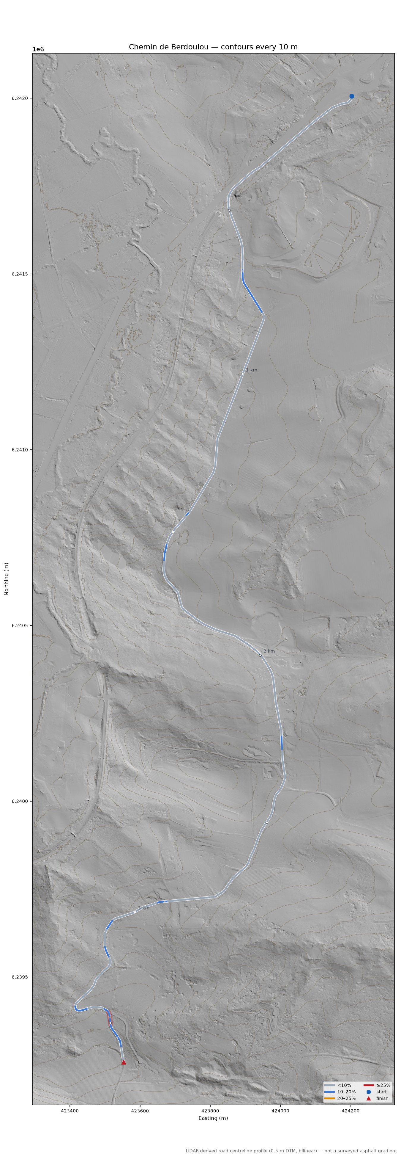 Chemin de Berdoulou LiDAR hillshade map with contours