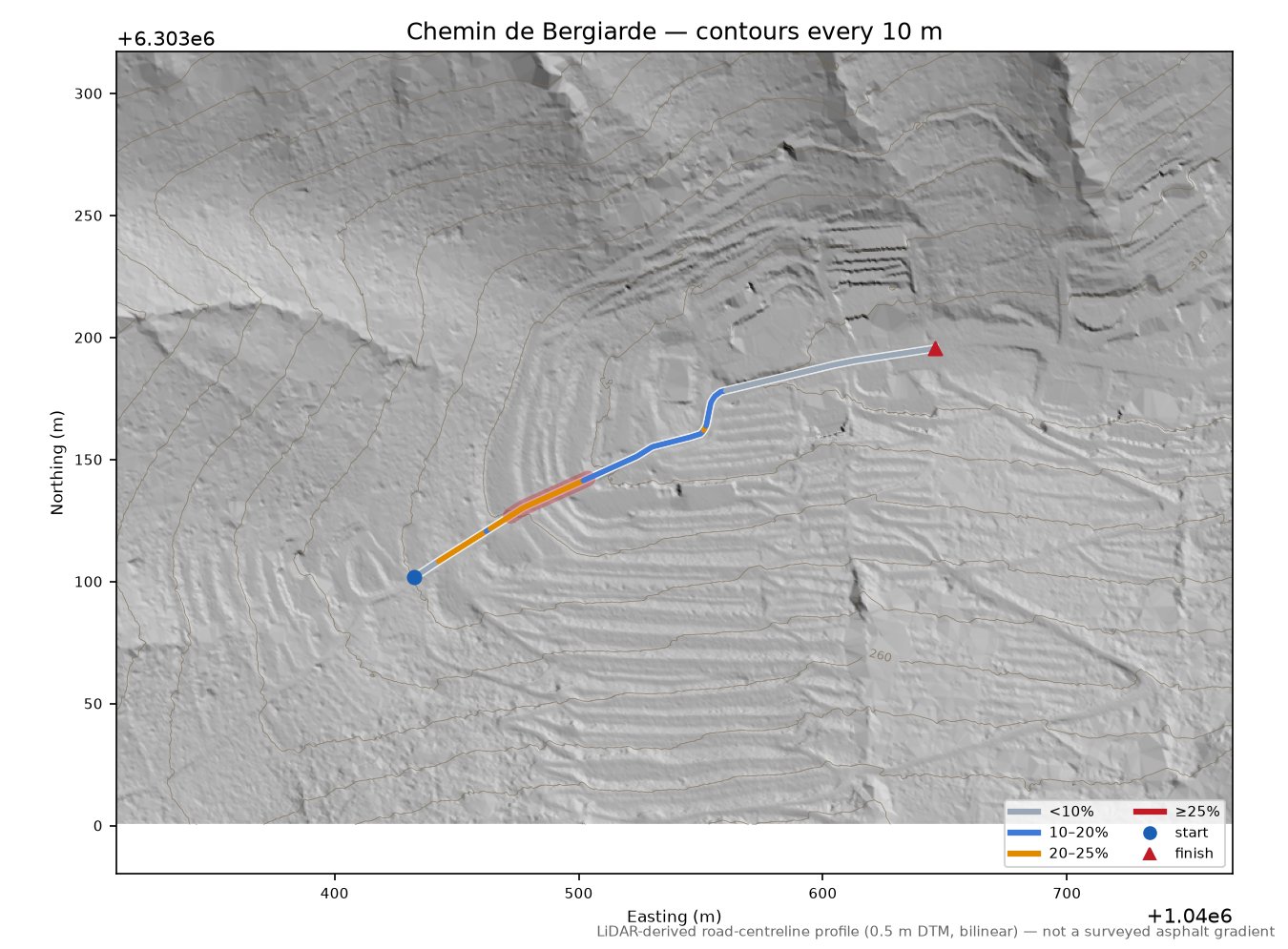 Chemin de Bergiarde LiDAR hillshade map with contours
