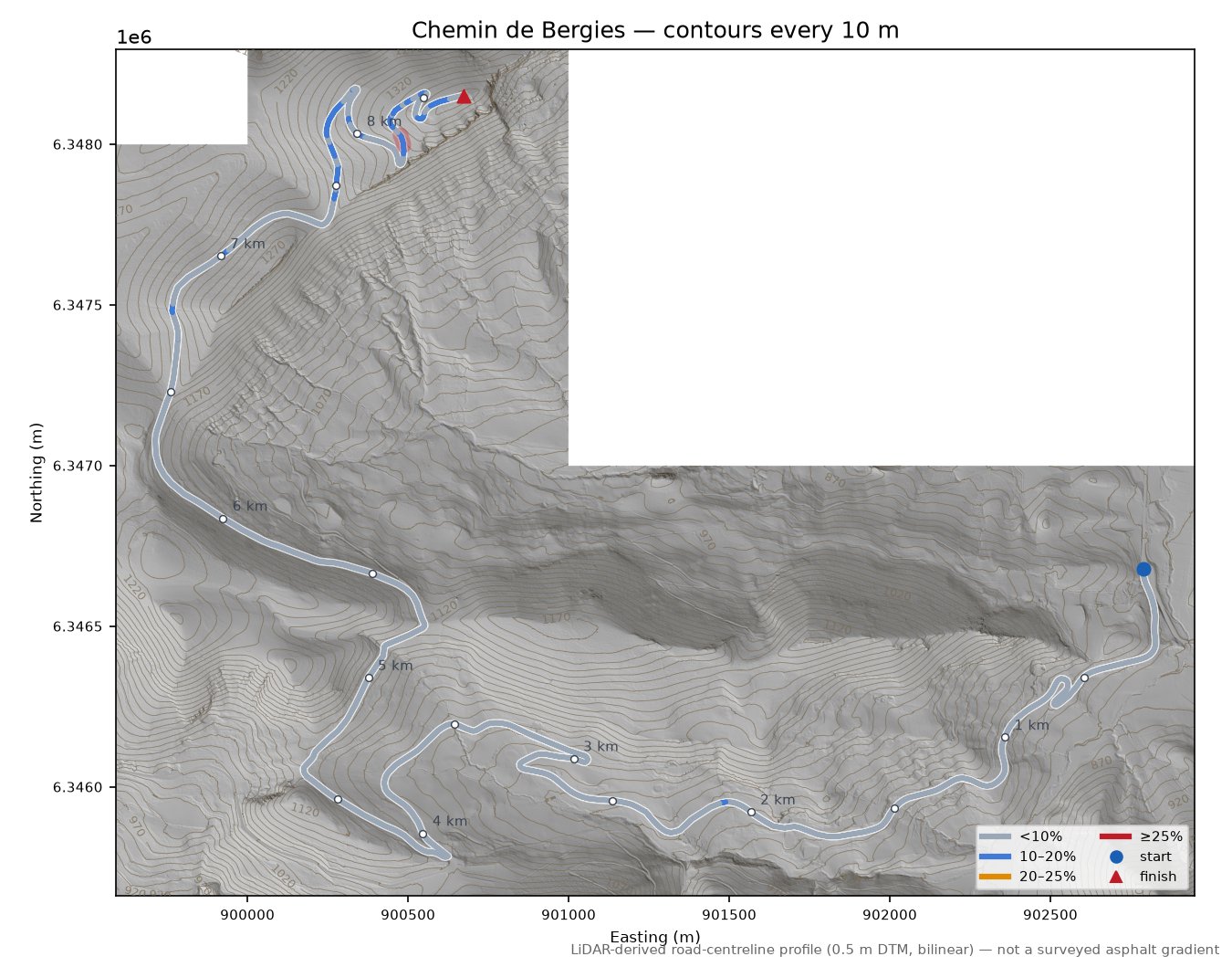 Chemin de Bergies LiDAR hillshade map with contours
