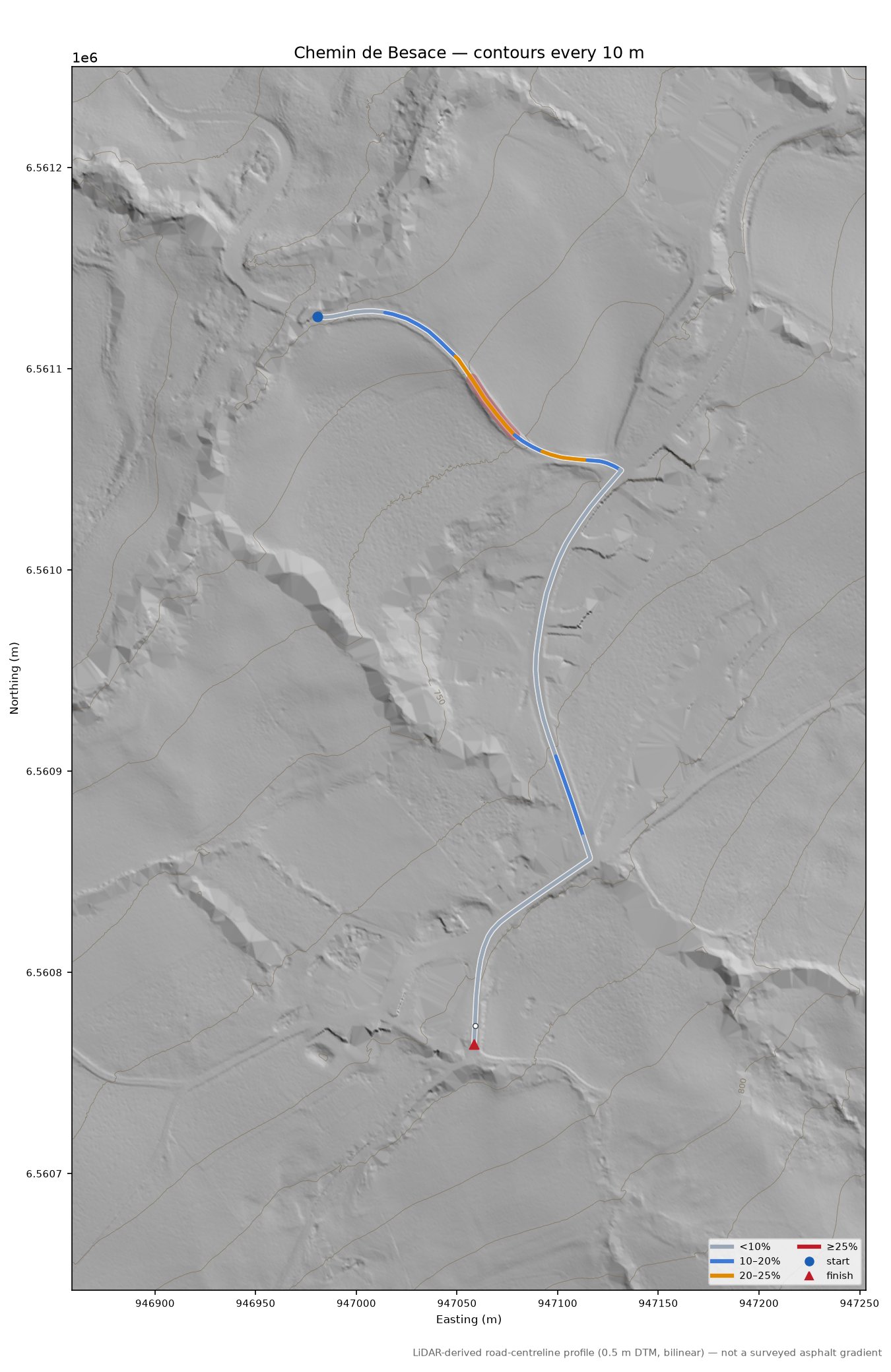 Chemin de Besace LiDAR hillshade map with contours