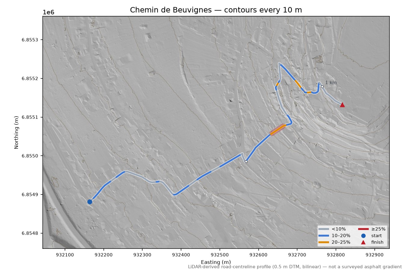 Chemin de Beuvignes LiDAR hillshade map with contours