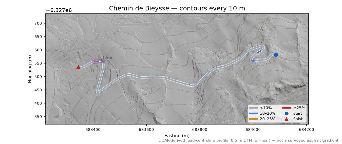 Chemin de Bieysse LiDAR hillshade map with contours