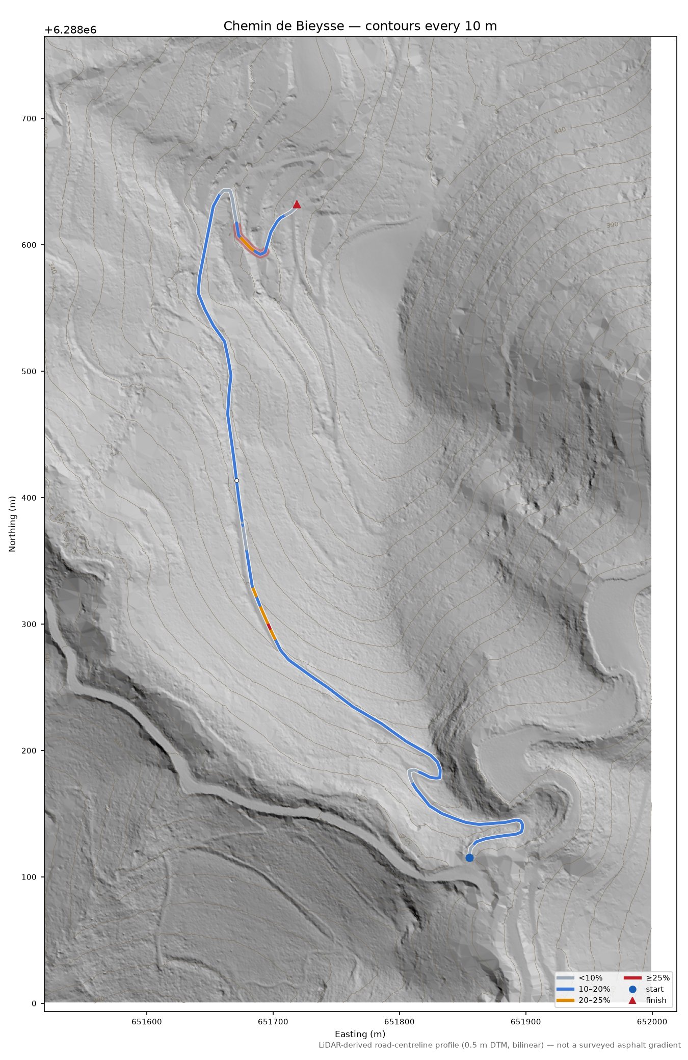 Chemin de Bieysse LiDAR hillshade map with contours