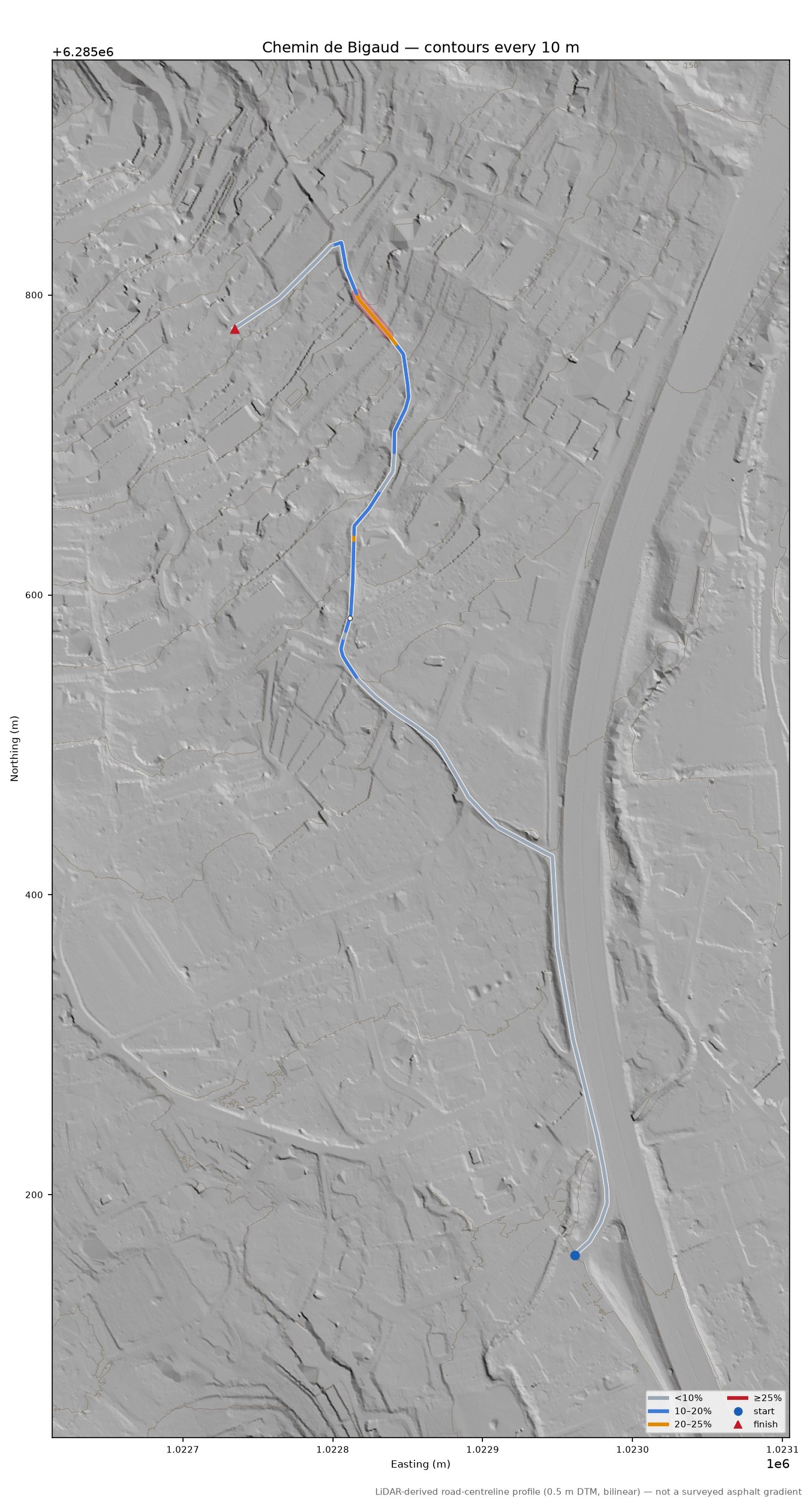 Chemin de Bigaud LiDAR hillshade map with contours
