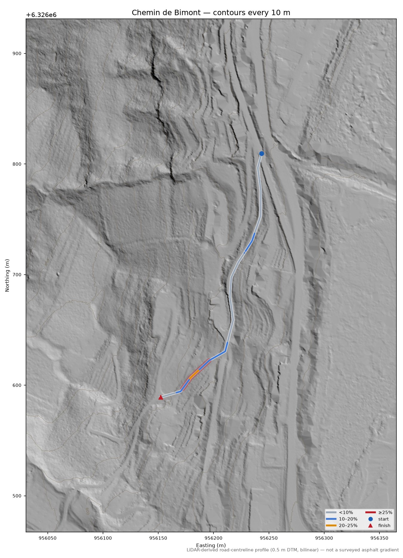 Chemin de Bimont LiDAR hillshade map with contours