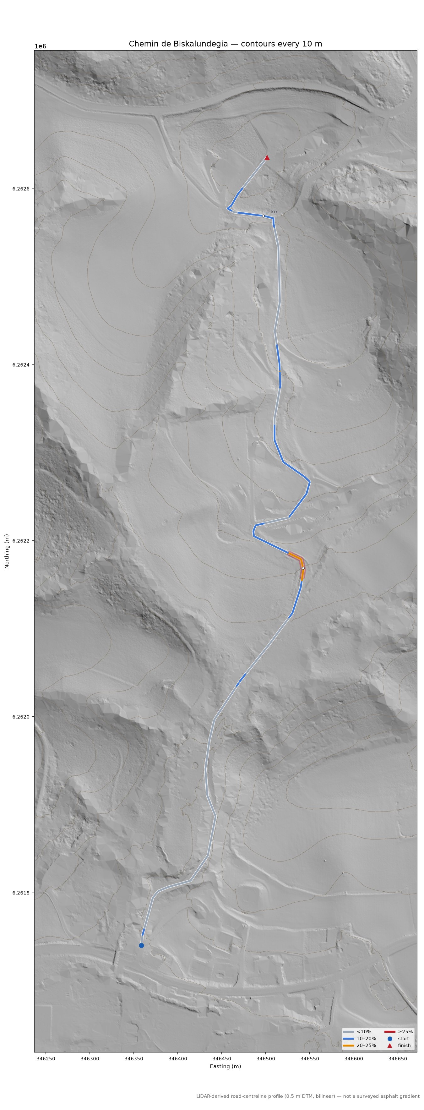 Chemin de Biskalundegia LiDAR hillshade map with contours
