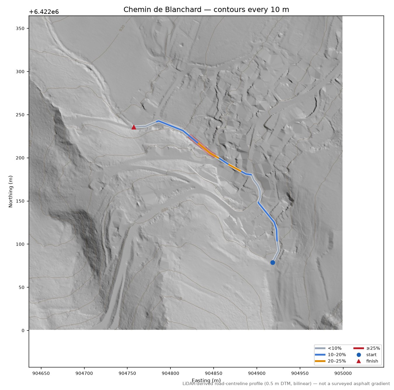 Chemin de Blanchard LiDAR hillshade map with contours