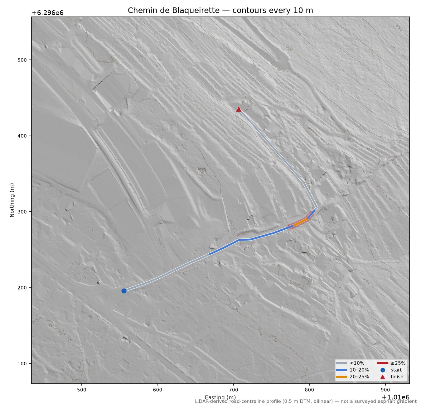 Chemin de Blaqueirette LiDAR hillshade map with contours