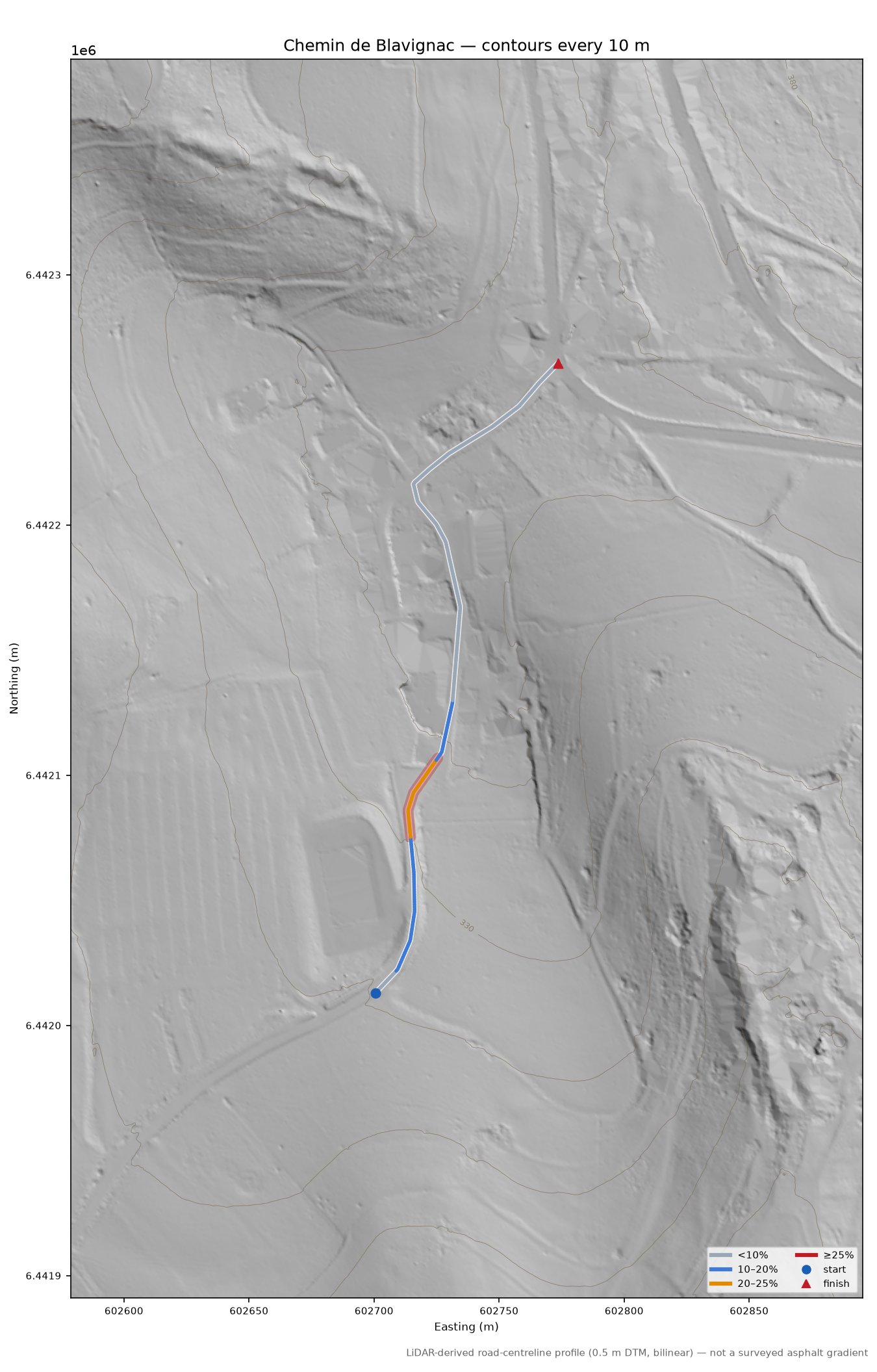Chemin de Blavignac LiDAR hillshade map with contours