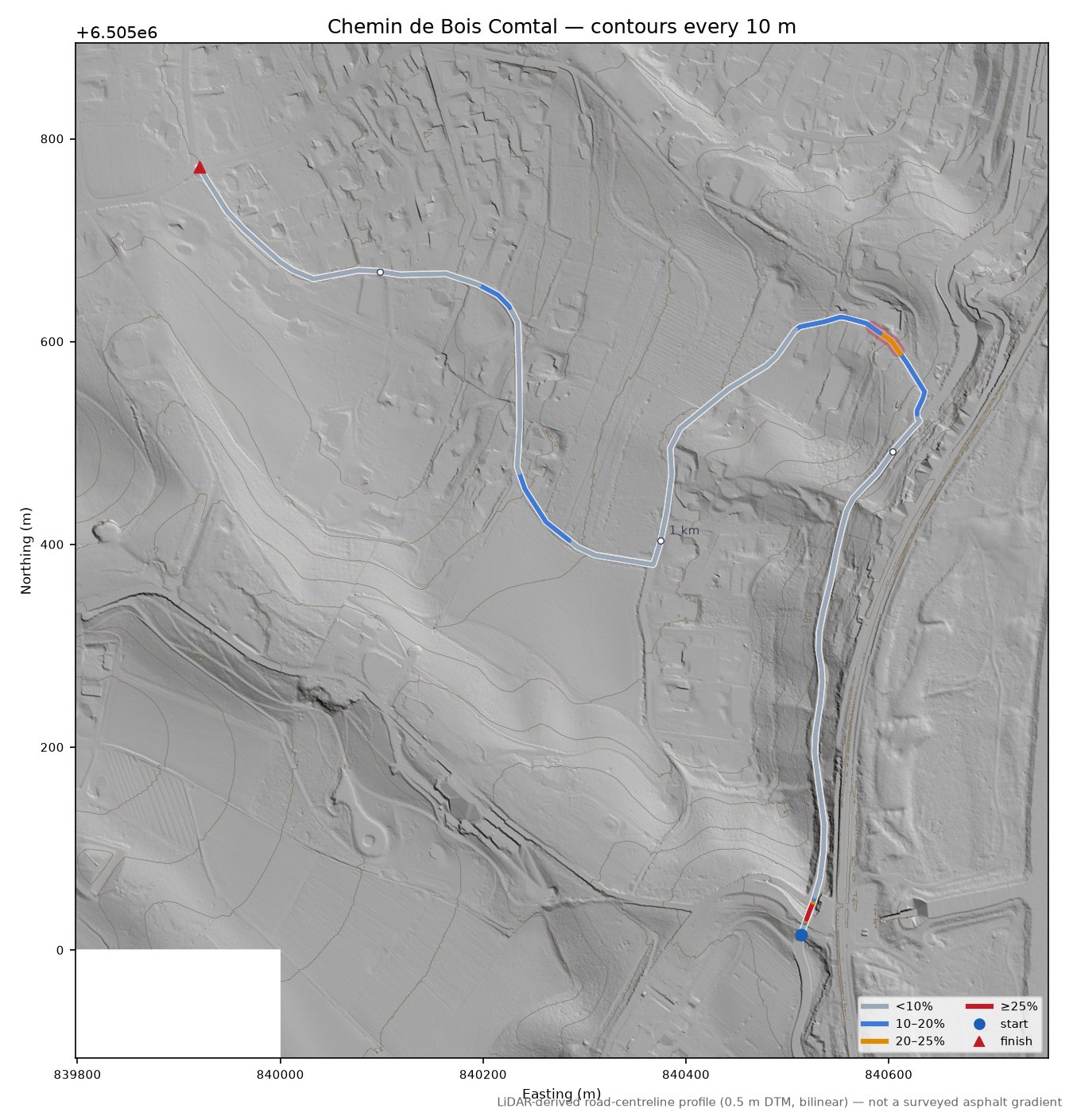 Chemin de Bois Comtal LiDAR hillshade map with contours