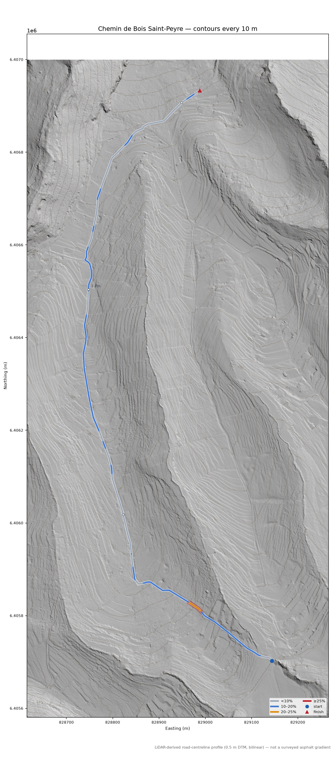 Chemin de Bois Saint-Peyre LiDAR hillshade map with contours