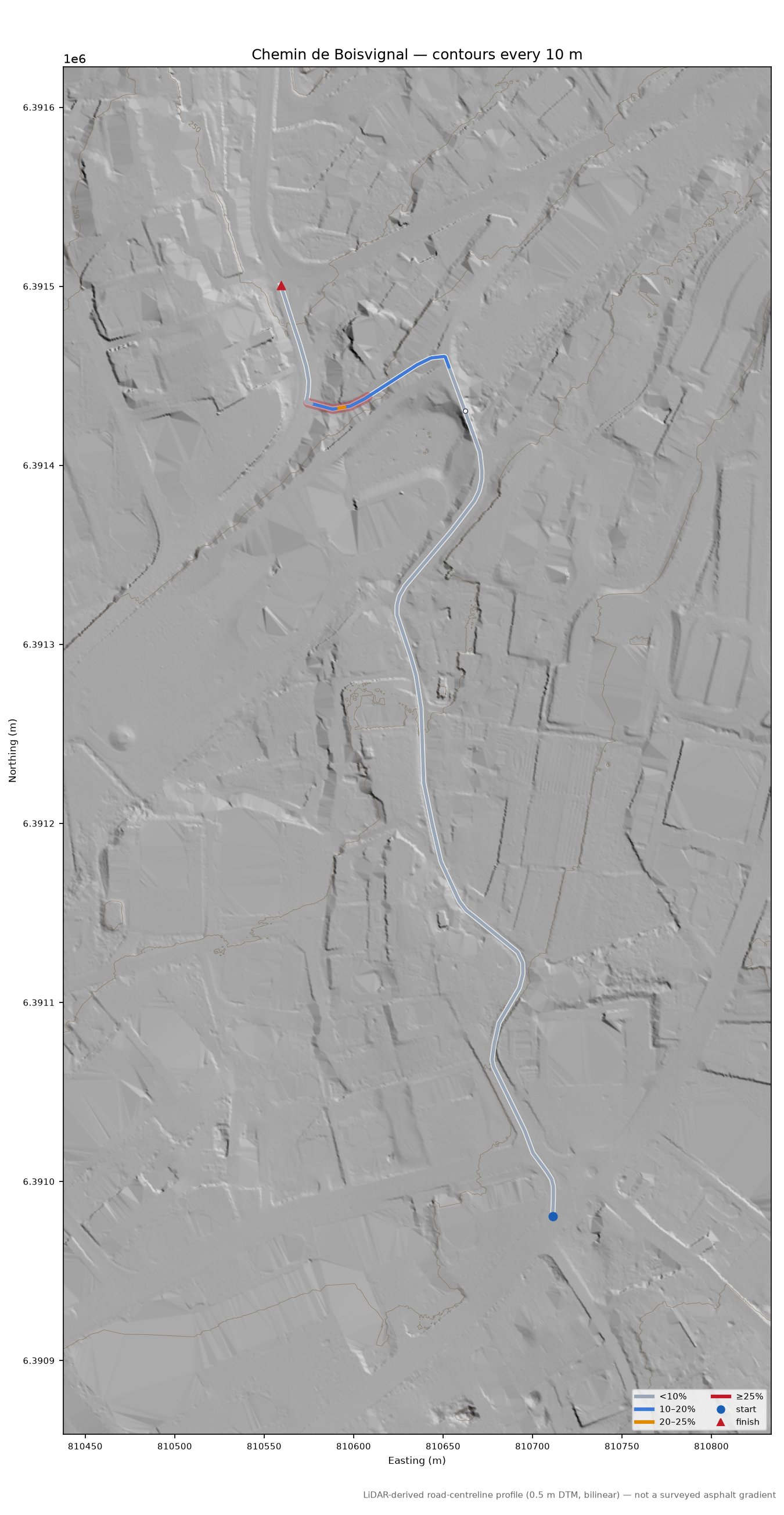 Chemin de Boisvignal LiDAR hillshade map with contours