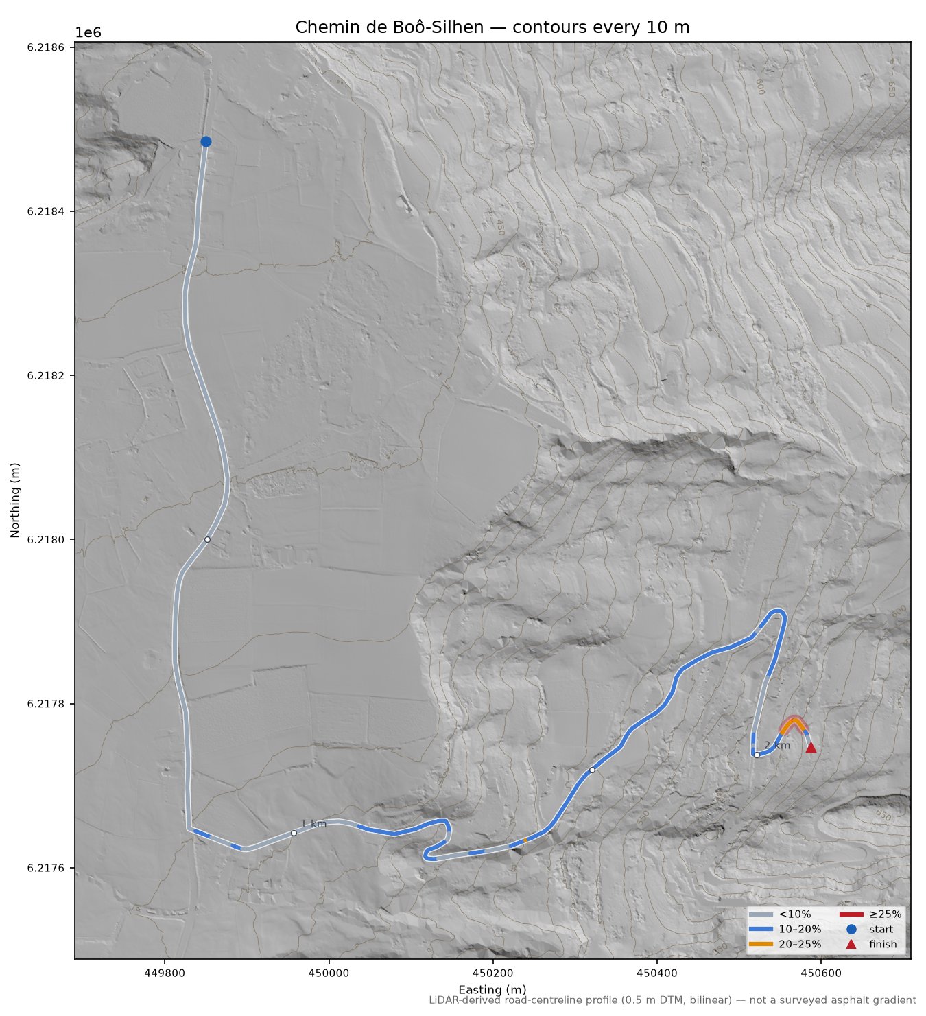 Chemin de Boô-Silhen LiDAR hillshade map with contours