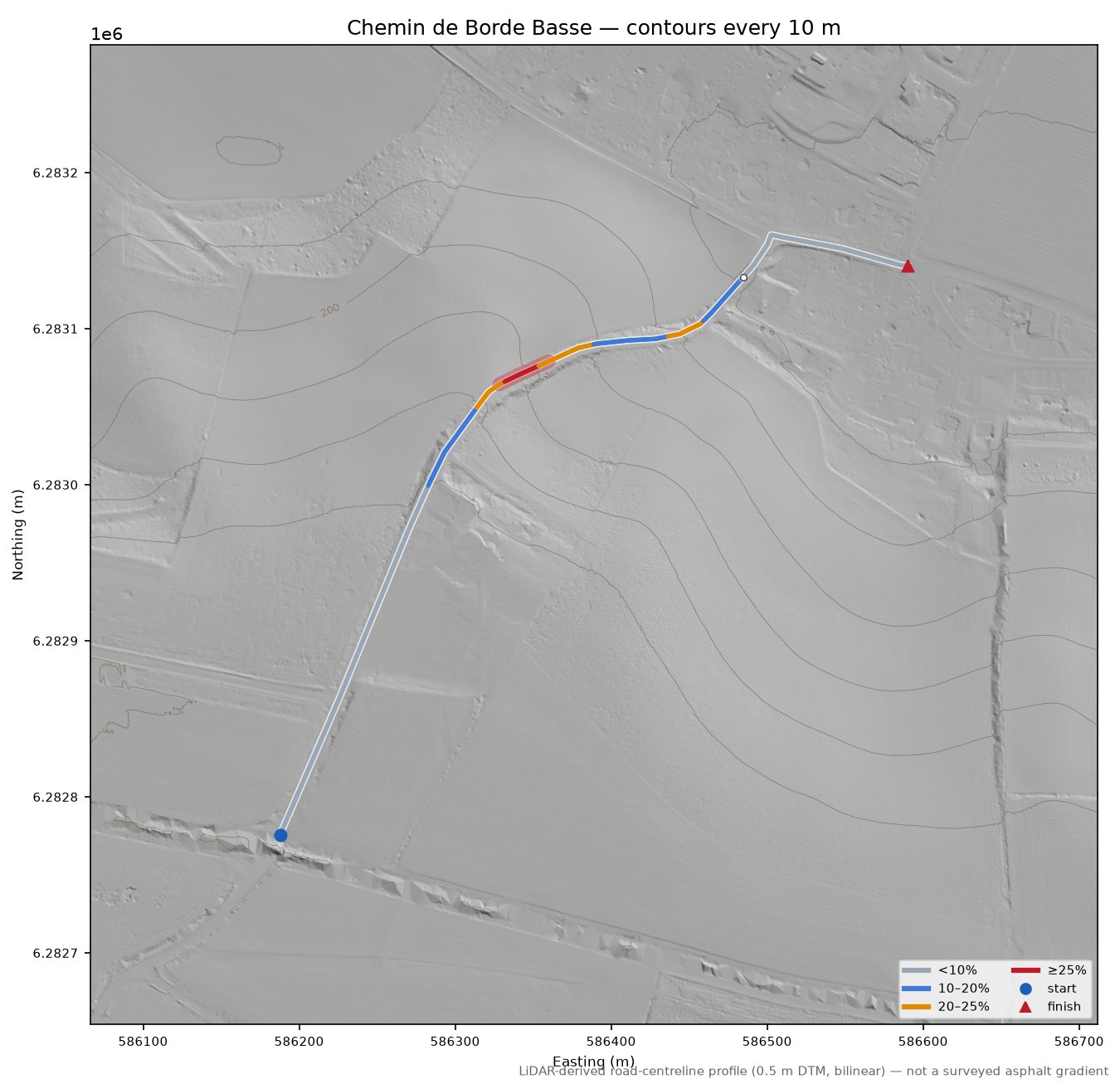 Chemin de Borde Basse LiDAR hillshade map with contours