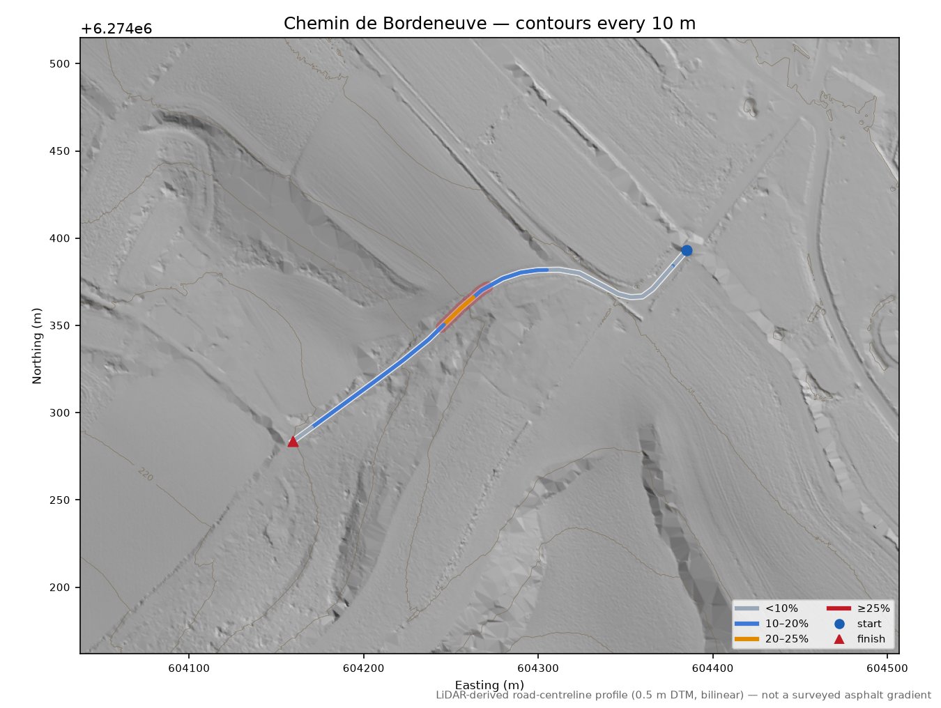 Chemin de Bordeneuve LiDAR hillshade map with contours