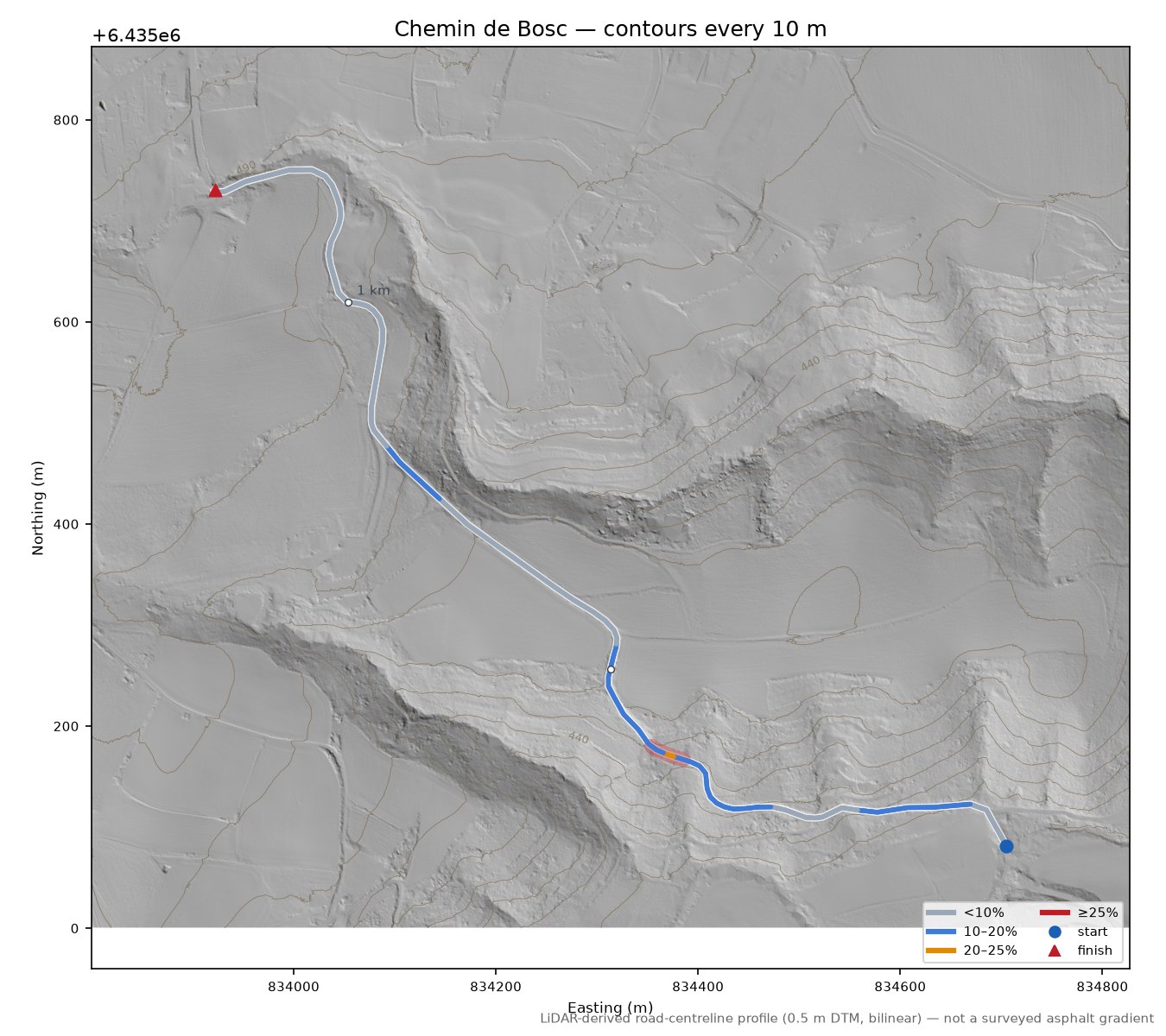 Chemin de Bosc LiDAR hillshade map with contours