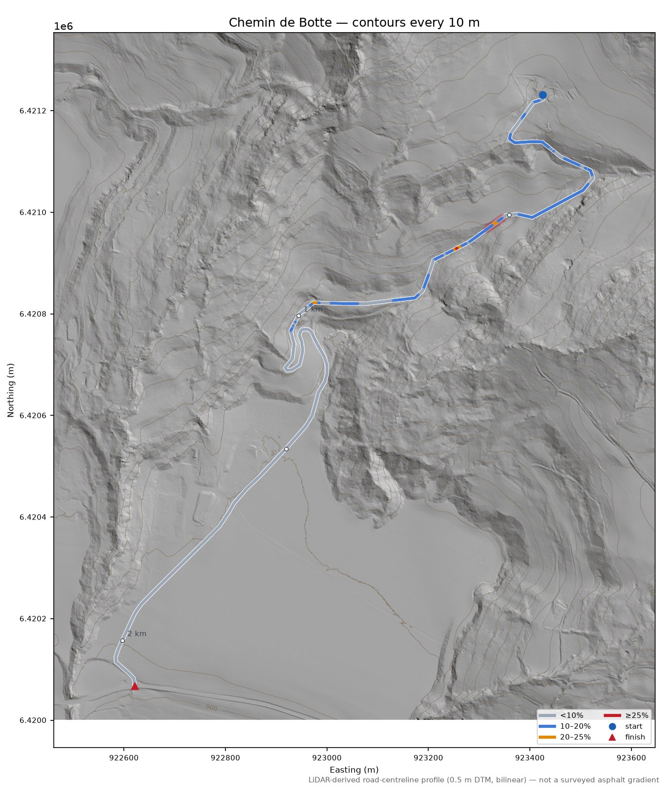 Chemin de Botte LiDAR hillshade map with contours