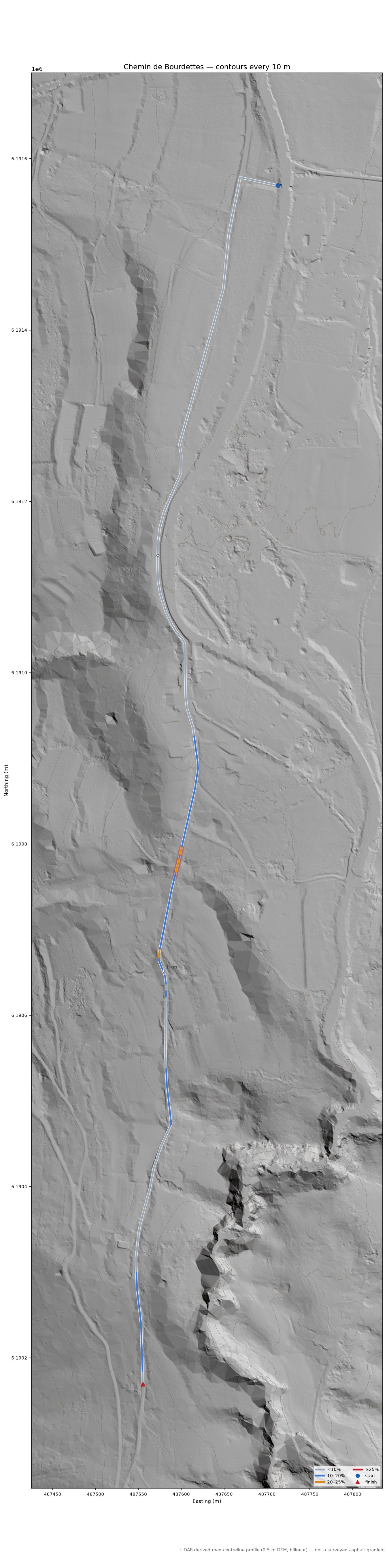 Chemin de Bourdettes LiDAR hillshade map with contours
