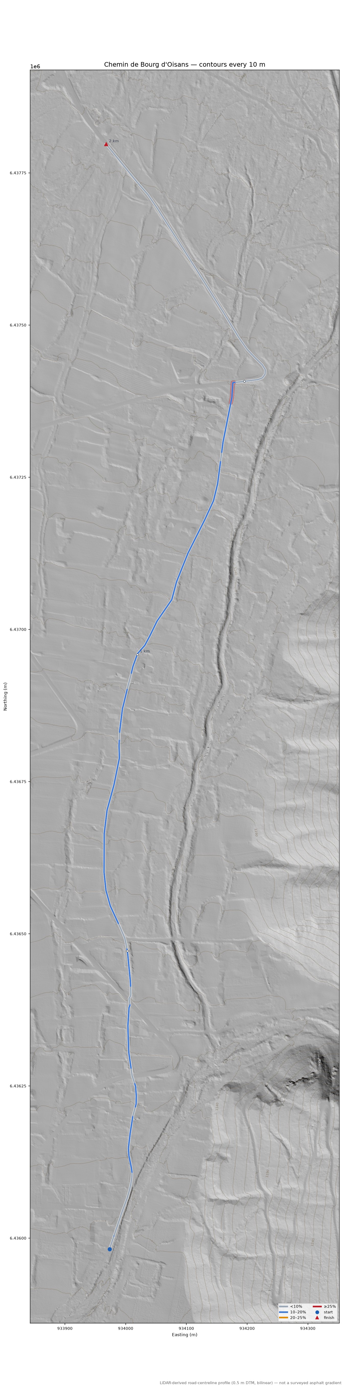 Chemin de Bourg d'Oisans LiDAR hillshade map with contours