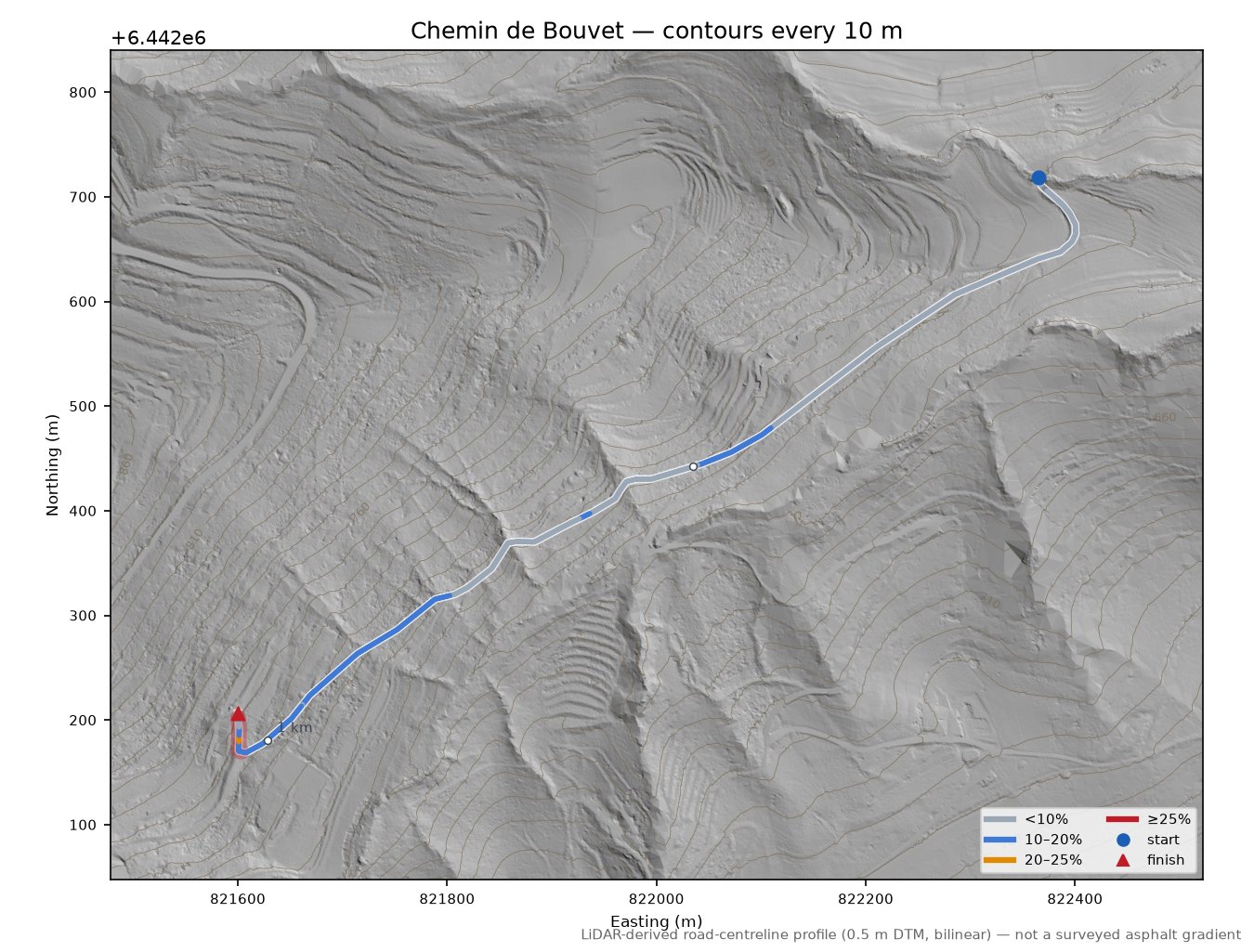 Chemin de Bouvet LiDAR hillshade map with contours