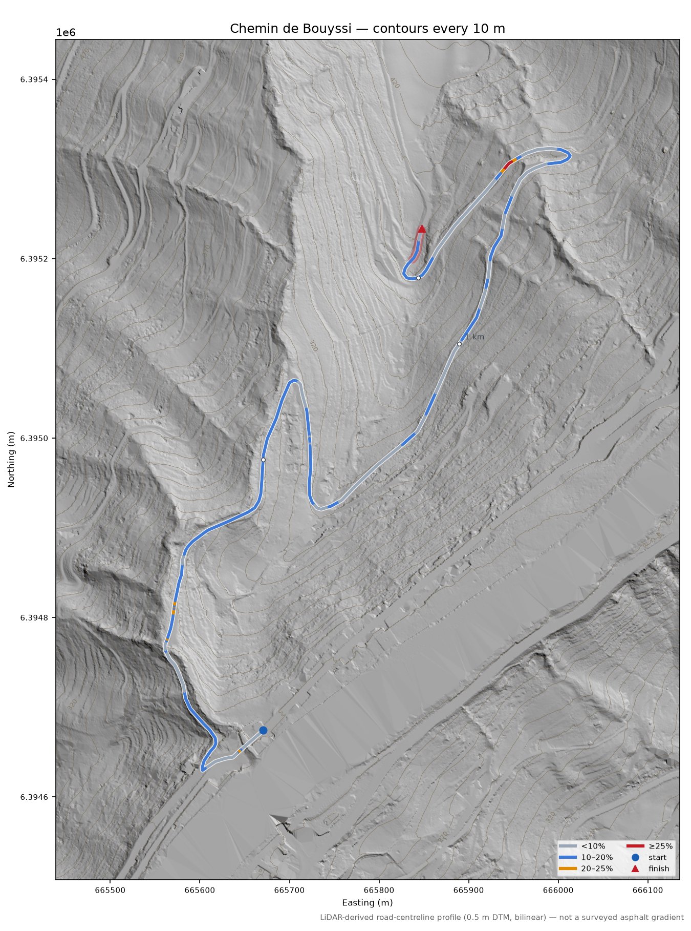 Chemin de Bouyssi LiDAR hillshade map with contours