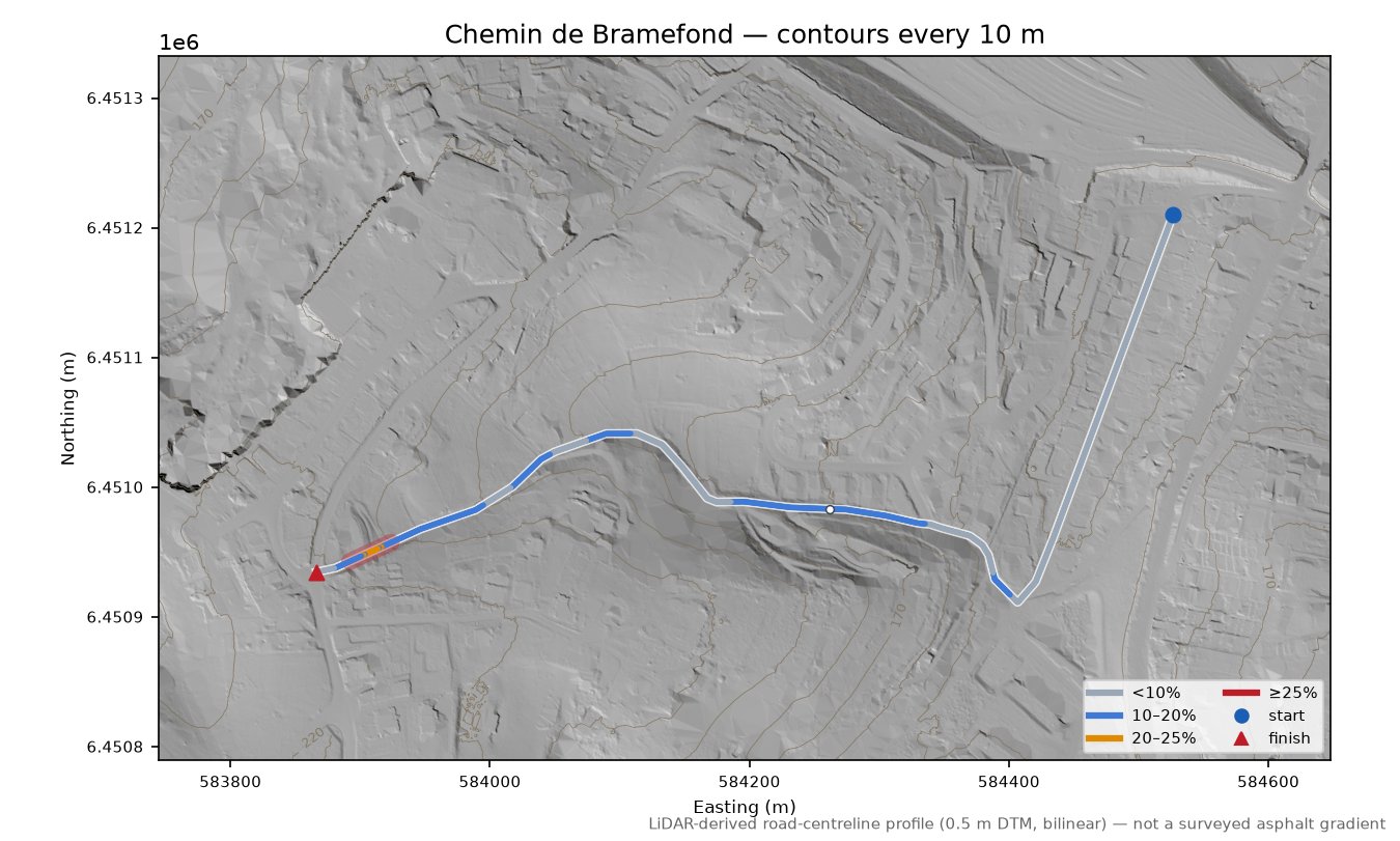 Chemin de Bramefond LiDAR hillshade map with contours