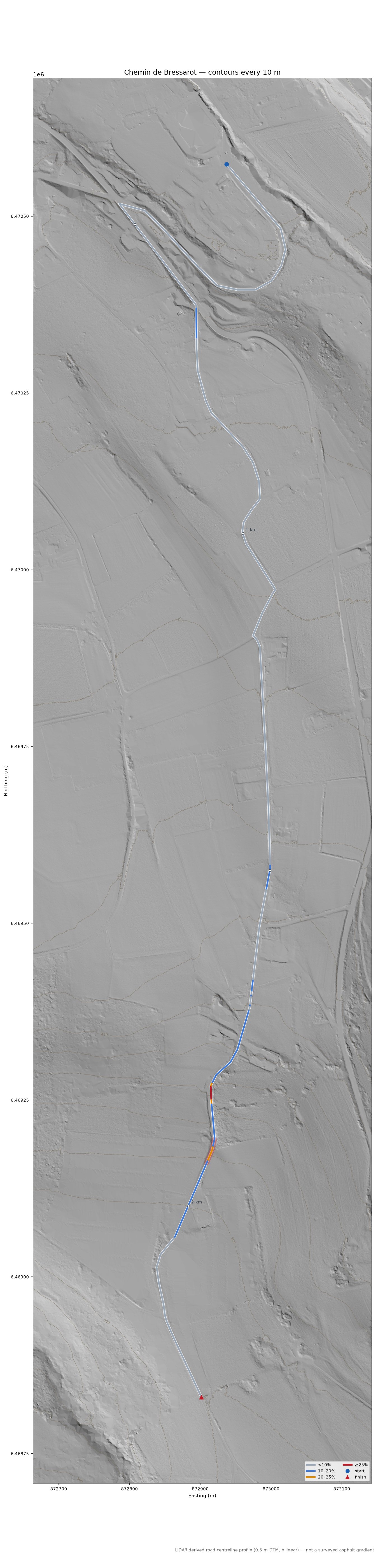 Chemin de Bressarot LiDAR hillshade map with contours