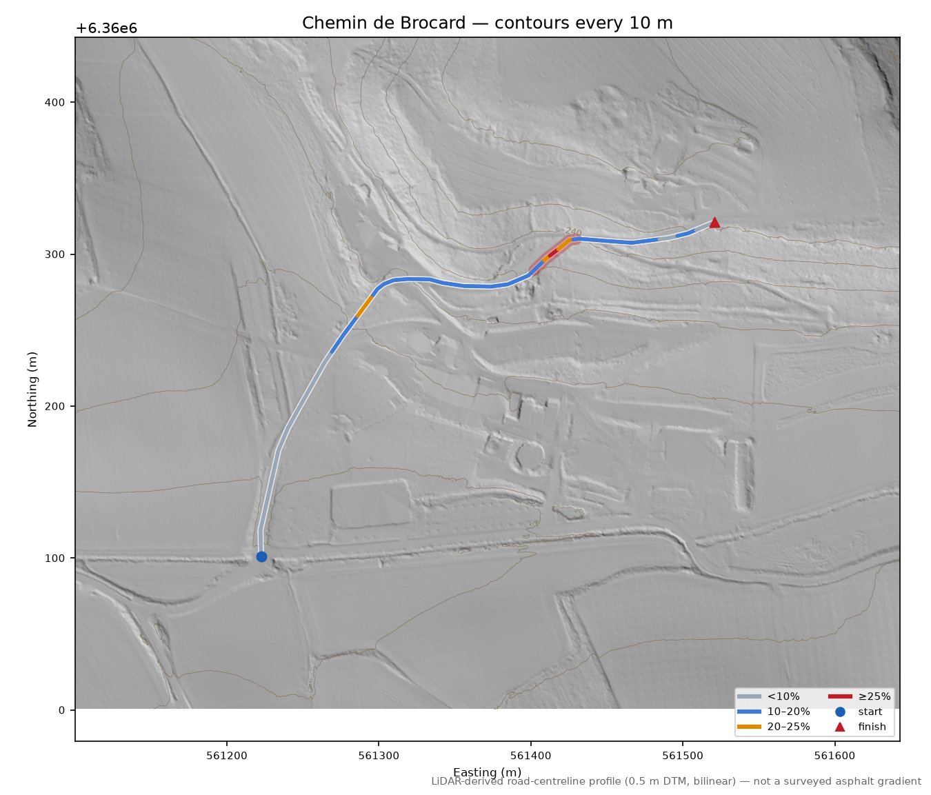 Chemin de Brocard LiDAR hillshade map with contours