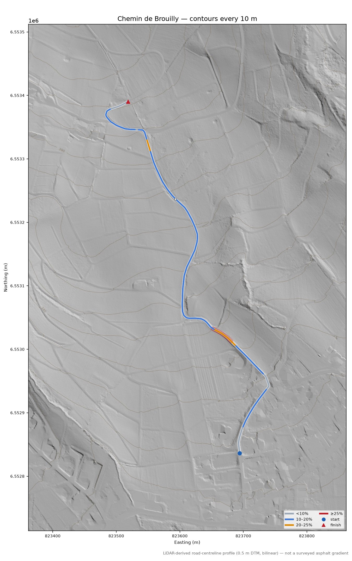 Chemin de Brouilly LiDAR hillshade map with contours