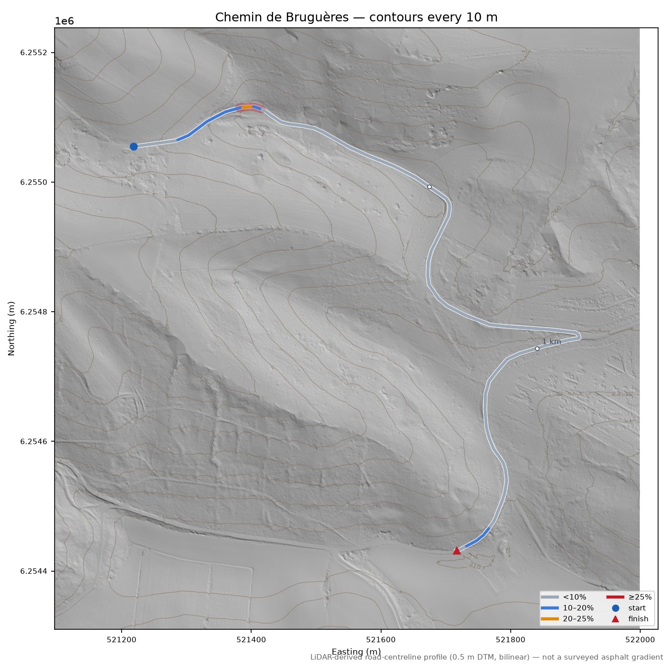 Chemin de Bruguères LiDAR hillshade map with contours