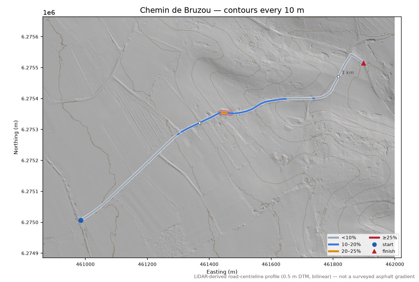 Chemin de Bruzou LiDAR hillshade map with contours