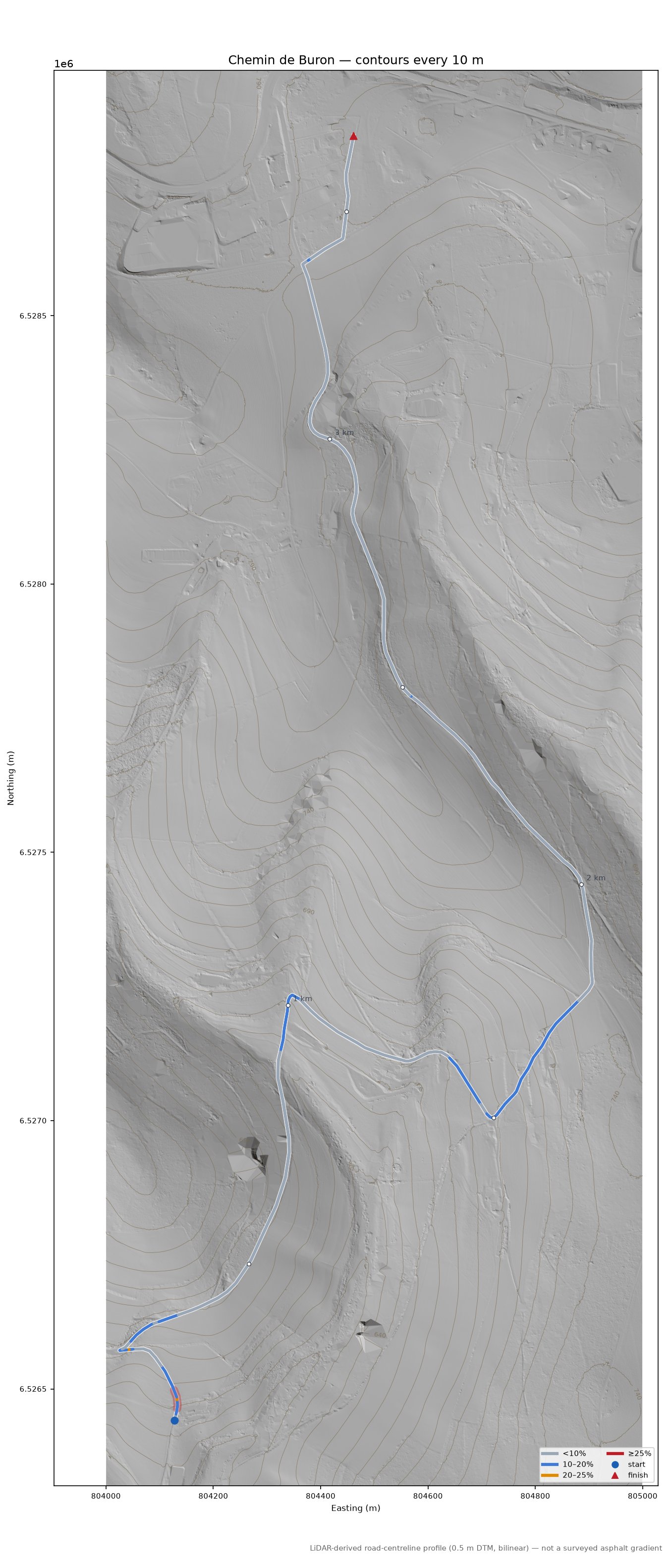 Chemin de Buron LiDAR hillshade map with contours