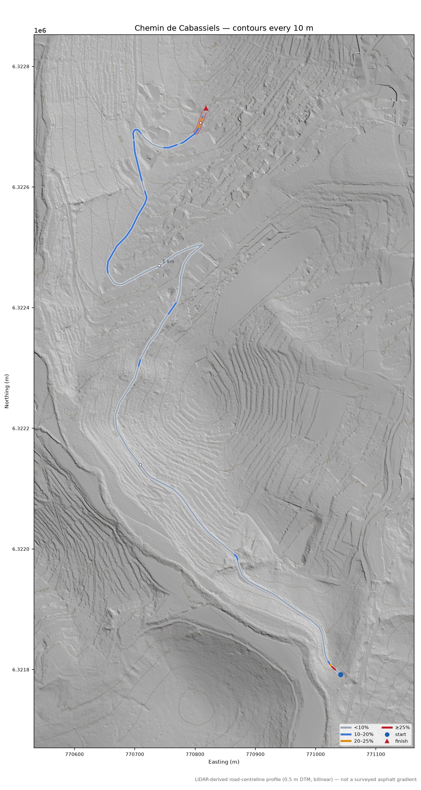 Chemin de Cabassiels LiDAR hillshade map with contours