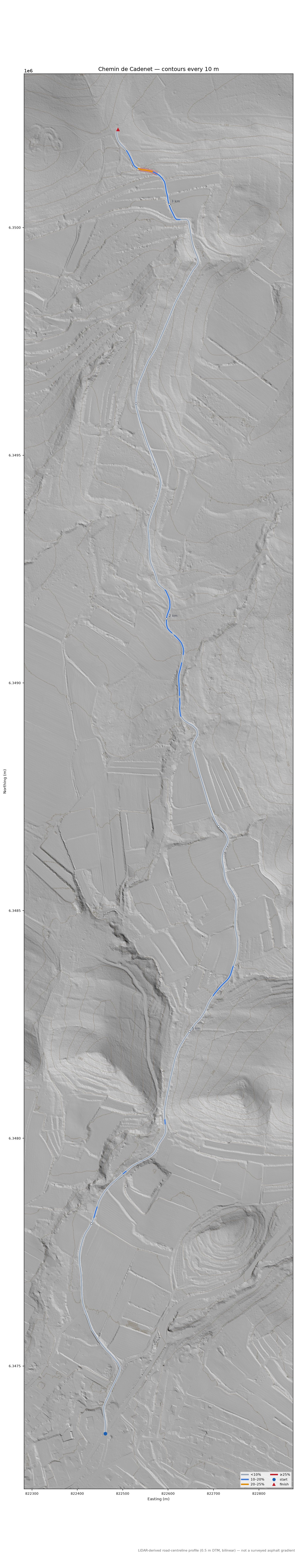 Chemin de Cadenet LiDAR hillshade map with contours