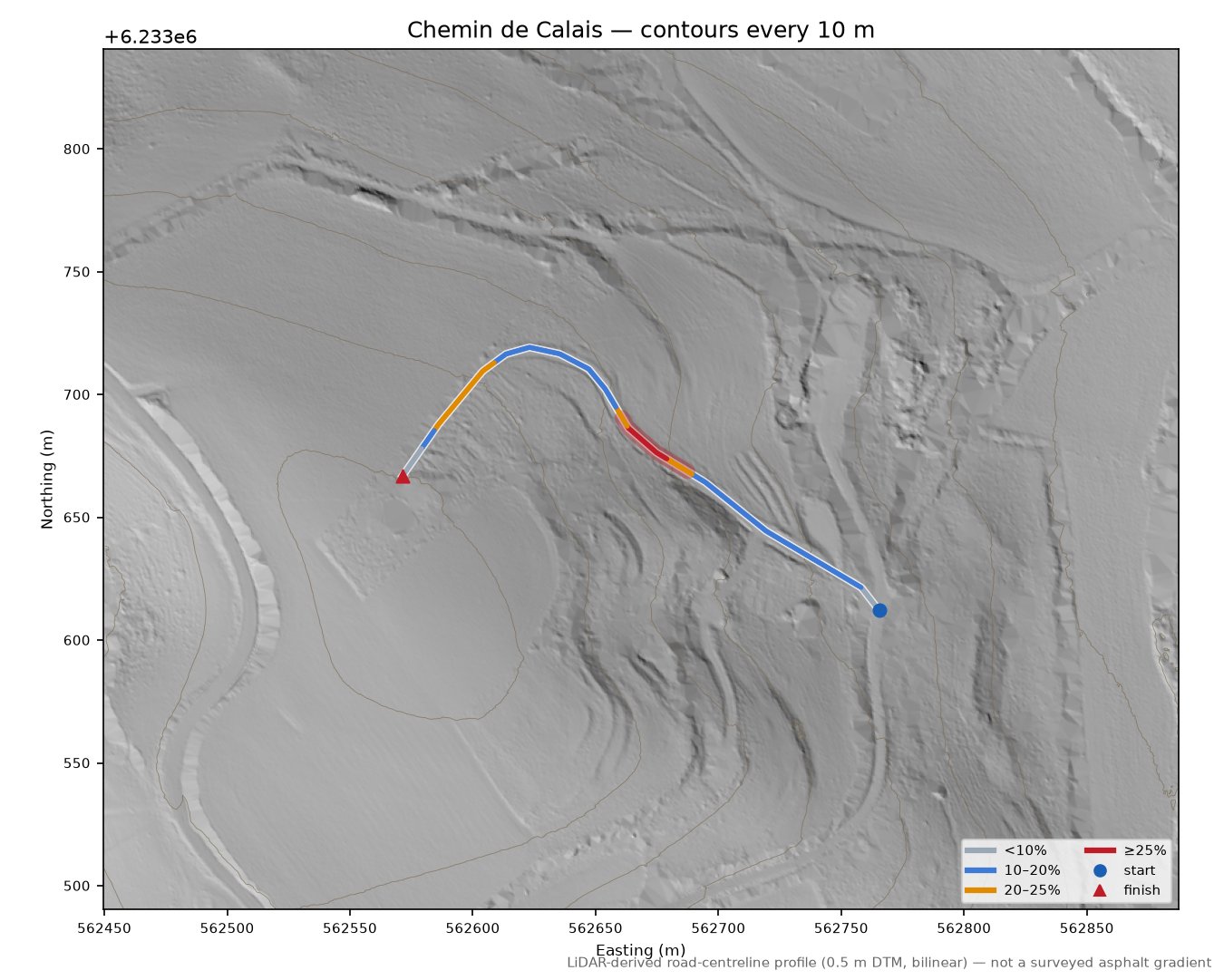 Chemin de Calais LiDAR hillshade map with contours