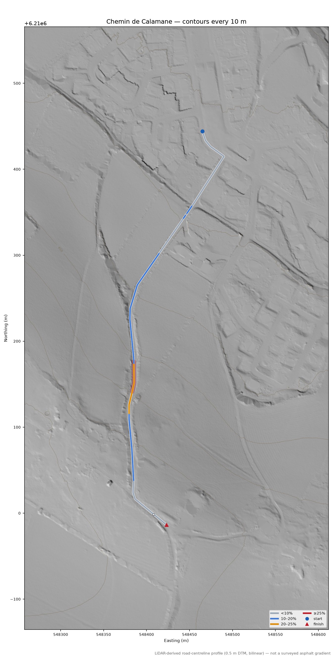 Chemin de Calamane LiDAR hillshade map with contours