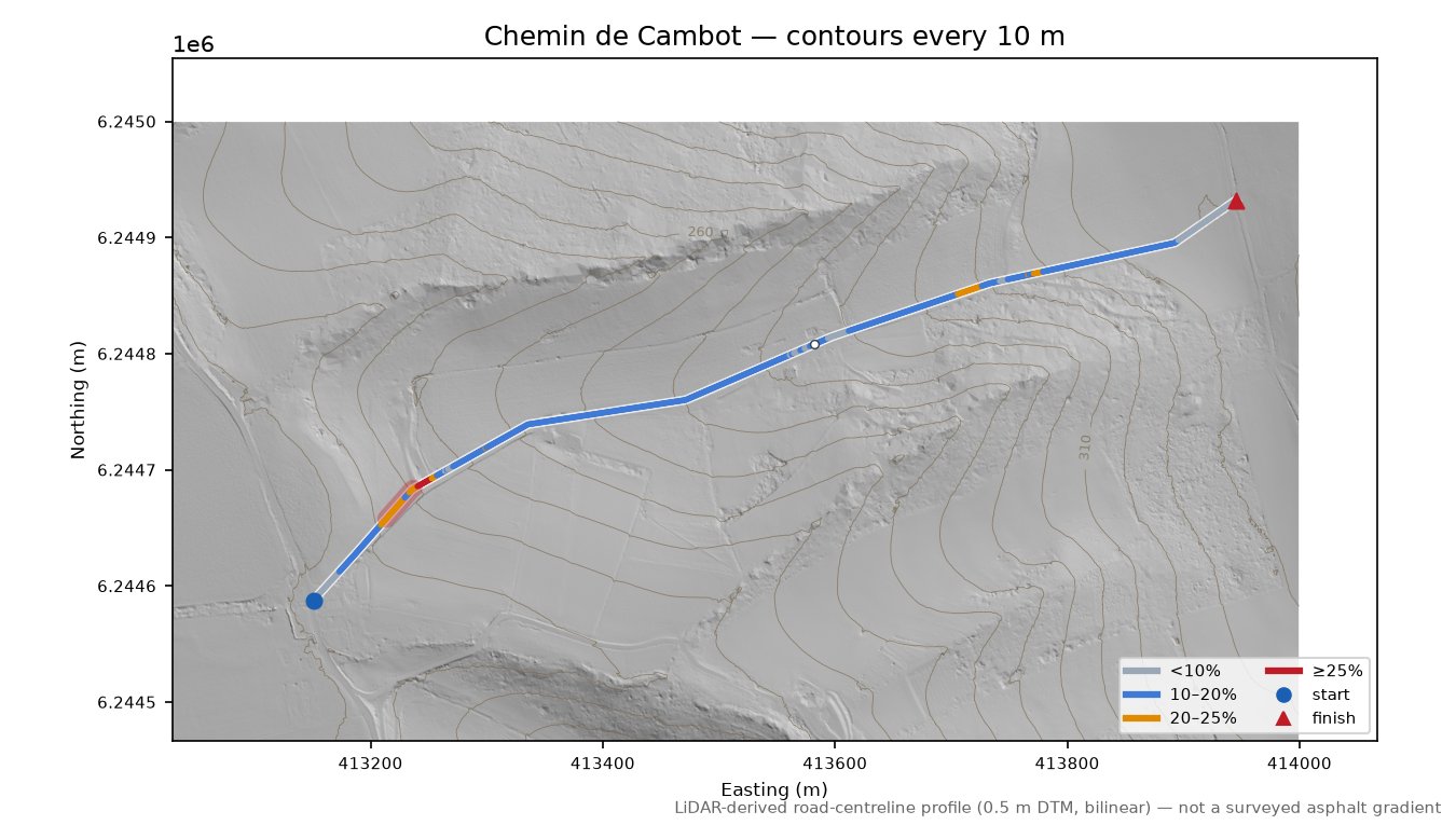Chemin de Cambot LiDAR hillshade map with contours