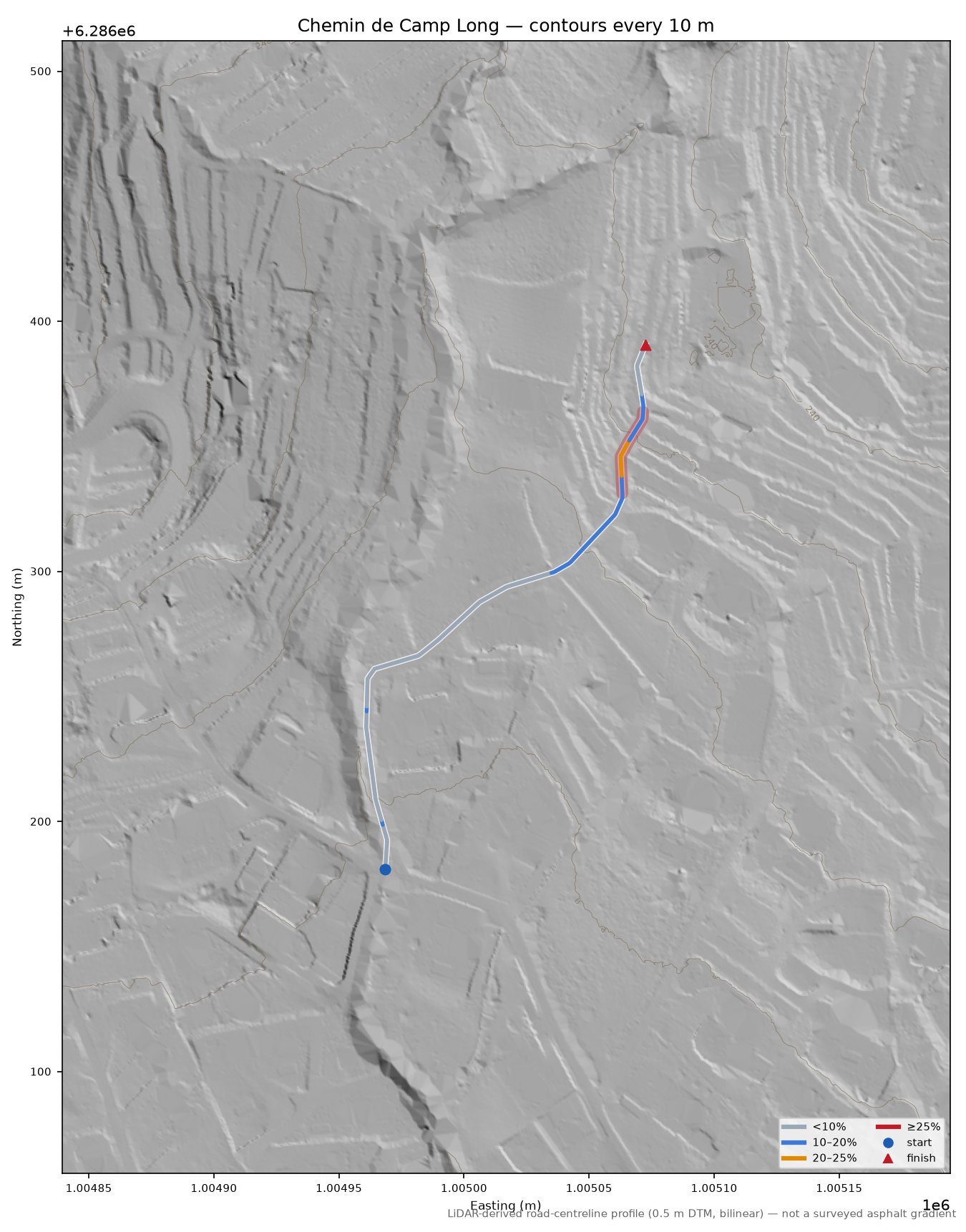 Chemin de Camp Long LiDAR hillshade map with contours