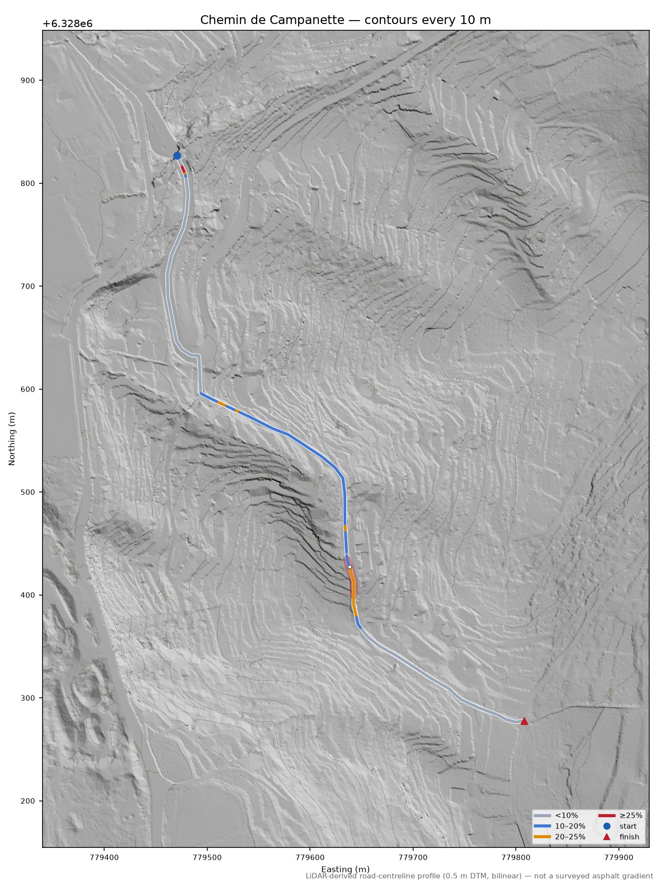 Chemin de Campanette LiDAR hillshade map with contours