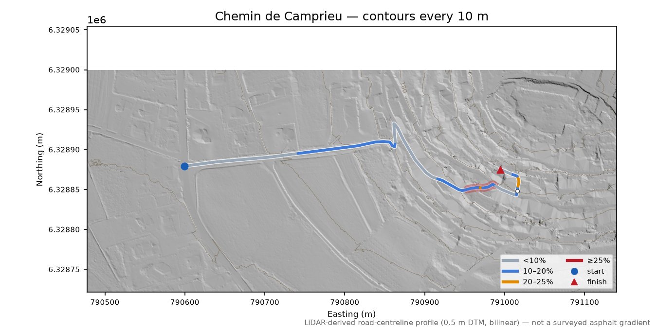 Chemin de Camprieu LiDAR hillshade map with contours