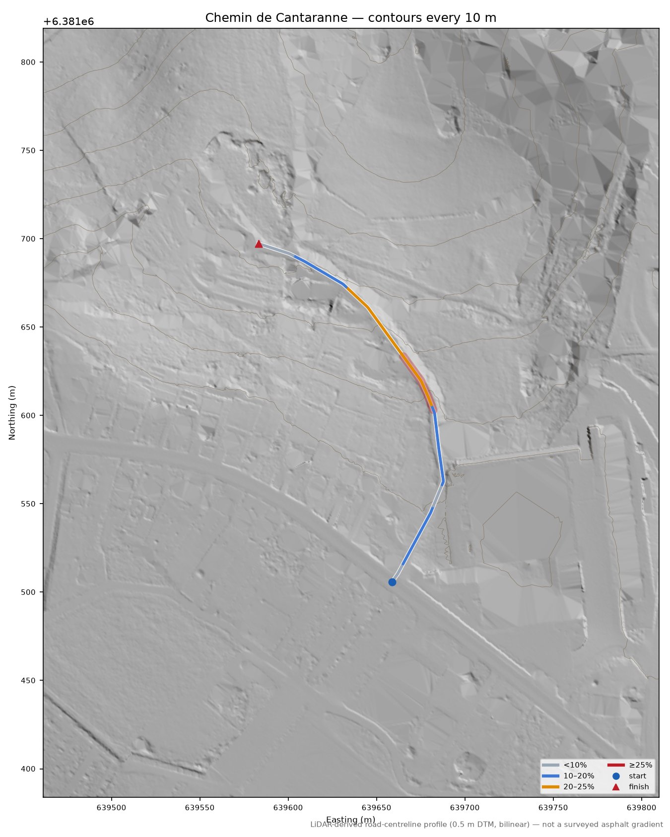 Chemin de Cantaranne LiDAR hillshade map with contours