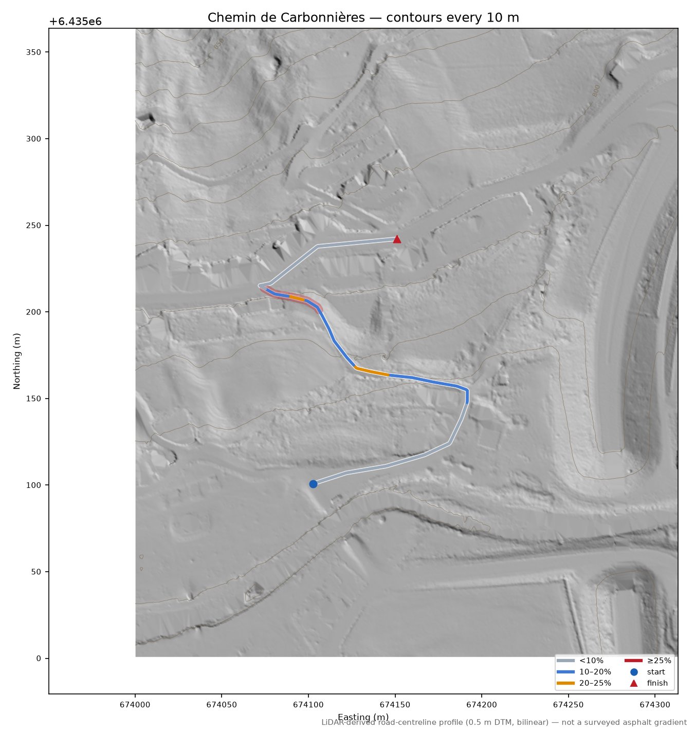 Chemin de Carbonnières LiDAR hillshade map with contours
