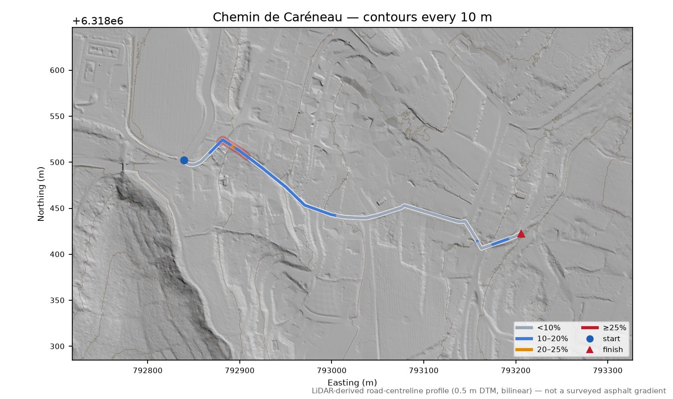 Chemin de Caréneau LiDAR hillshade map with contours
